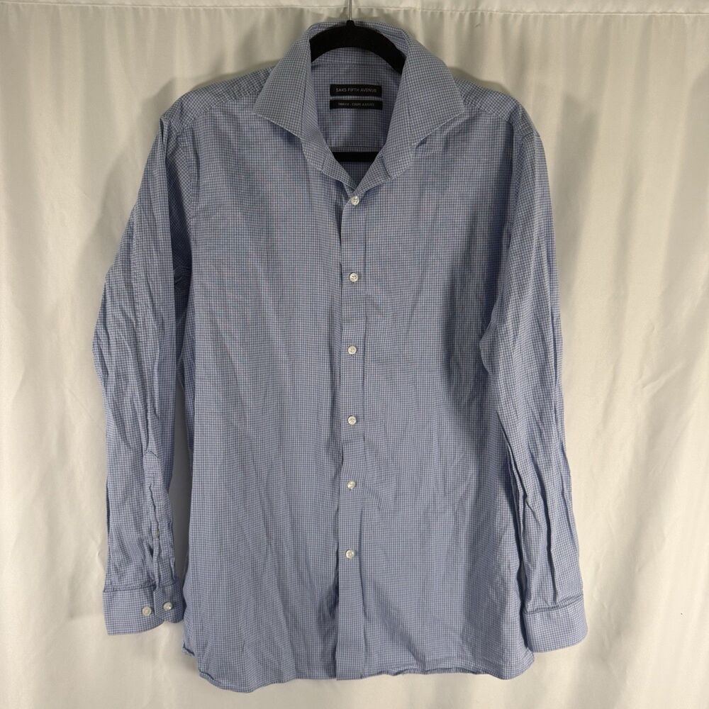 Saks Fifth Avenue Trim Fit Dress Shirt Men's 16 34/35 Blue Plaid Button Up